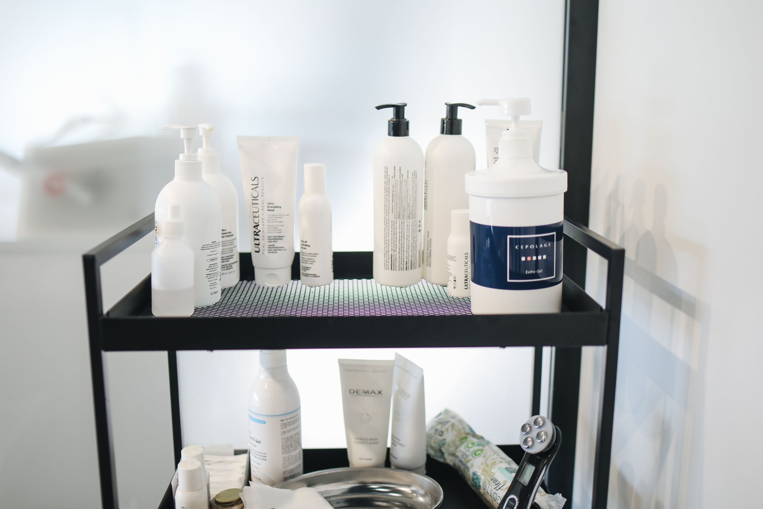 Skincare bottles on shelf