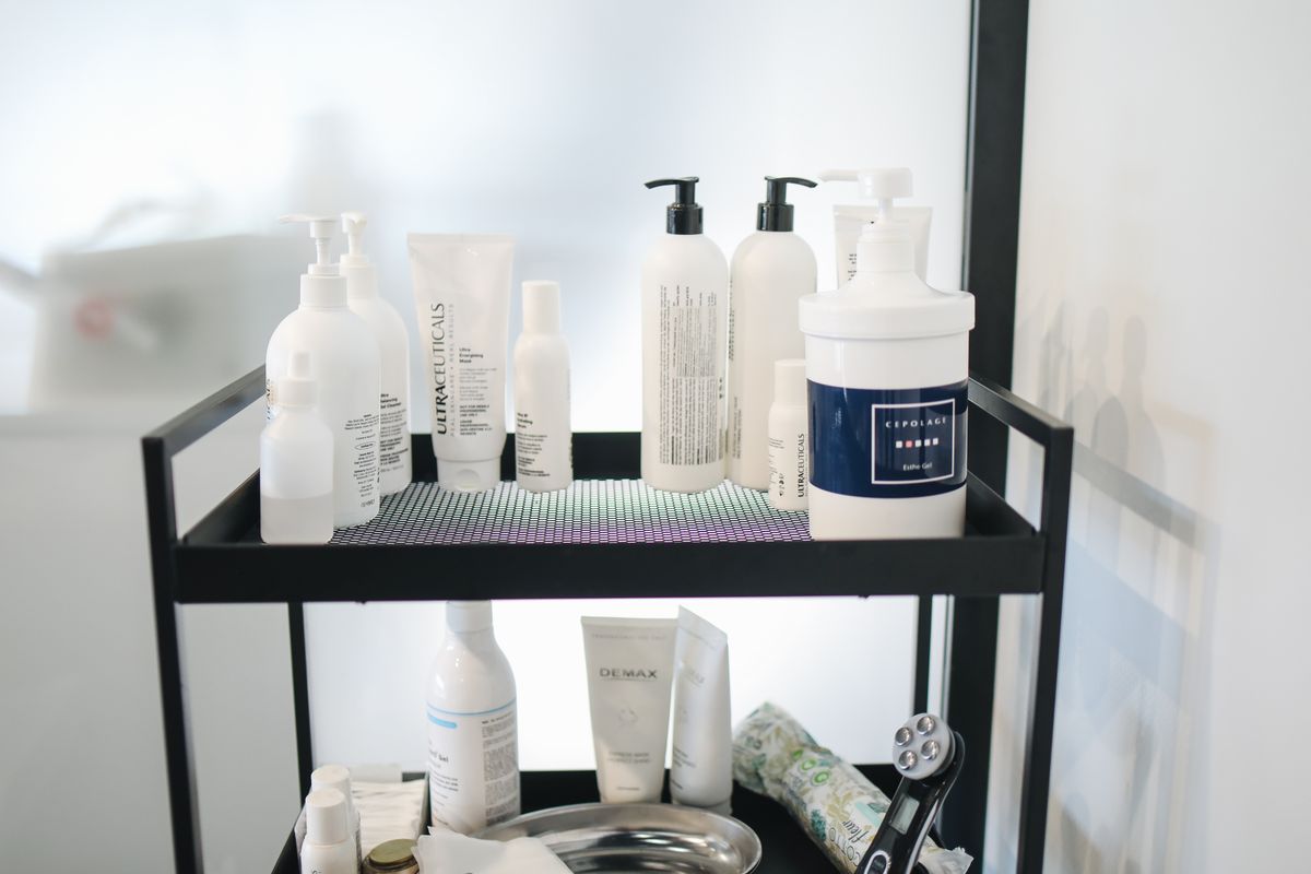 Skincare bottles on shelf